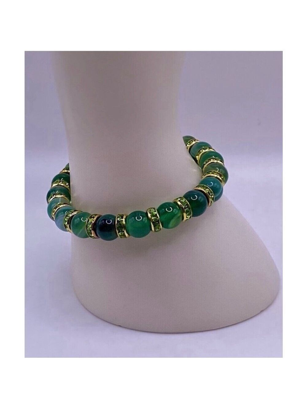 Round Green Bead Bracelet Green & Gold Sparkling Spacers Size: Small Wrist - Picture 4 of 6